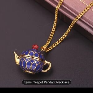 Gold and Blue Teapot Pendant Necklace